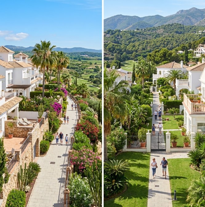 Vistas de las villas, casas adosadas y calles arboladas de la urbanización El Coto en Mijas, Málaga